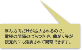 厚み方向だけが拡大されるので、電極の感覚のばらつきや、曲がり等が視覚的にも強調されて観察できます。